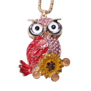 Owl with Sunflower Crystals & Enameled  Pendant Charm Necklace  New